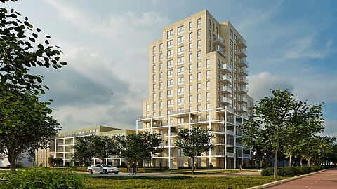 Impressie hoe het gebouw eruit komt te zien; met een toren van 14 verdiepingen