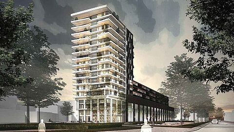 Impressie hoe het gebouw eruit komt te zien; met een toren van 16 verdiepingen voor appartementen
