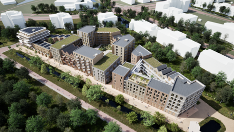 Impressie hoe de gebouwen eruit komt te zien; sommige zijn 5 verdiepingen hoog, andere 3 verdiepingen hoog
