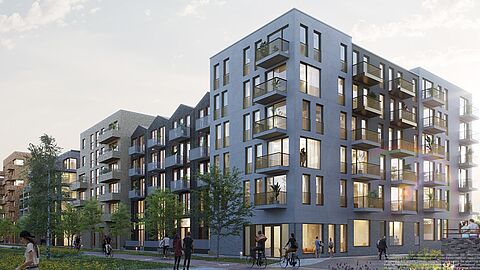 Impressie hoe het gebouw eruit komt te zien; met 6 verdiepingen