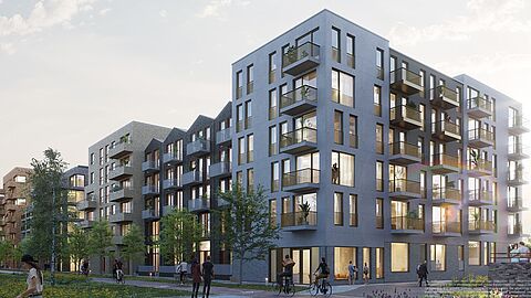 Impressie hoe het gebouw eruit komt te zien; met 6 verdiepingen