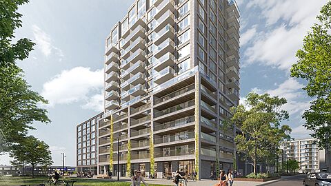Impressie hoe het gebouw eruit komt te zien; een gebouw van 8 verdiepingen met daarnaast een toren van 13 verdiepingen voor appartementen