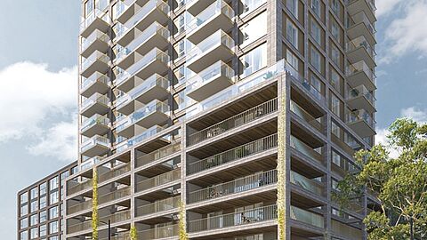 Impressie hoe het gebouw eruit komt te zien; een gebouw van 8 verdiepingen met daarnaast een toren van 13 verdiepingen voor appartementen