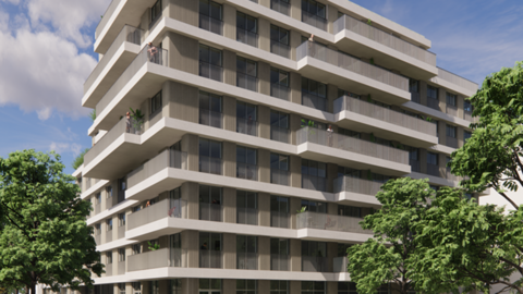 Impressie hoe het gebouw eruit komt te zien; met 5 verdiepingen