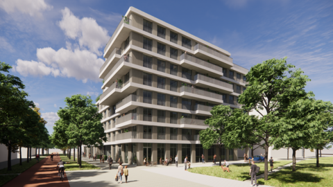 Impressie hoe het gebouw eruit komt te zien; met 5 verdiepingen