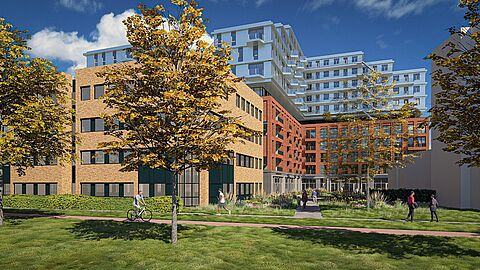 Impressie hoe het gebouw eruit komt te zien; met 9 verdiepingen voor appartementen