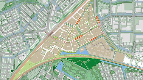 Hoefkwartier op de kaart, tussen de Zielhorsterweg in het noorden en westen, de Outputweg in het noordoosten en het spoor in het zuiden