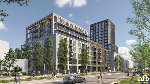 Impressie hoe het gebouw eruit komt te zien; een gebouw van 8 verdiepingen met daarnaast een toren van 16 verdiepingen voor appartementen