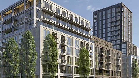 Impressie hoe het gebouw eruit komt te zien; een gebouw van 8 verdiepingen met daarnaast een toren van 16 verdiepingen voor appartementen