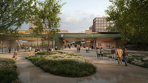 Impressie hoe het plein eruit komt te zien; met ruimte voor groen en wandelaars met op de achtergrond het spoor en station waar je onderdoor kunt lopen