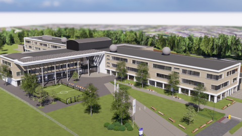 Impressie hoe het gebouw en het plein eruit komen te zien; een gebouw van 3 verdiepingen met op het plein ruimte voor een sportveld en groen