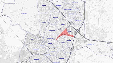 Kaart van Hoefkwartier in Amersfoort, in het noorden en noordoorsten van het centrum, begrensd in het noordoosten in het oosten de snelweg A28 en in het noorden de snelweg A1
